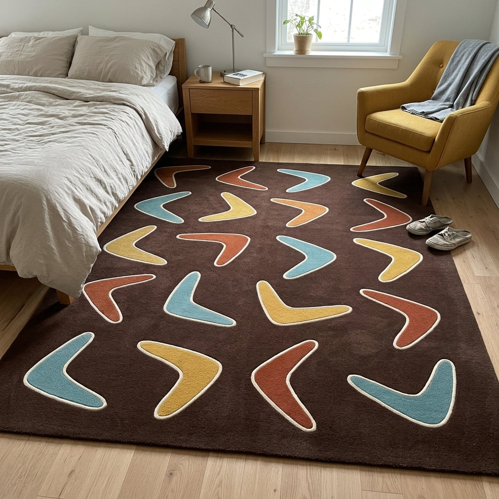 Boomerang Rug in chocolate brown wool with scattered teal, mustard, rust and caramel shapes outlined in cream