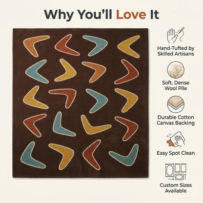 Boomerang Rug featuring colorful teal, mustard, rust and caramel shapes with cream outlines on a chocolate brown ground