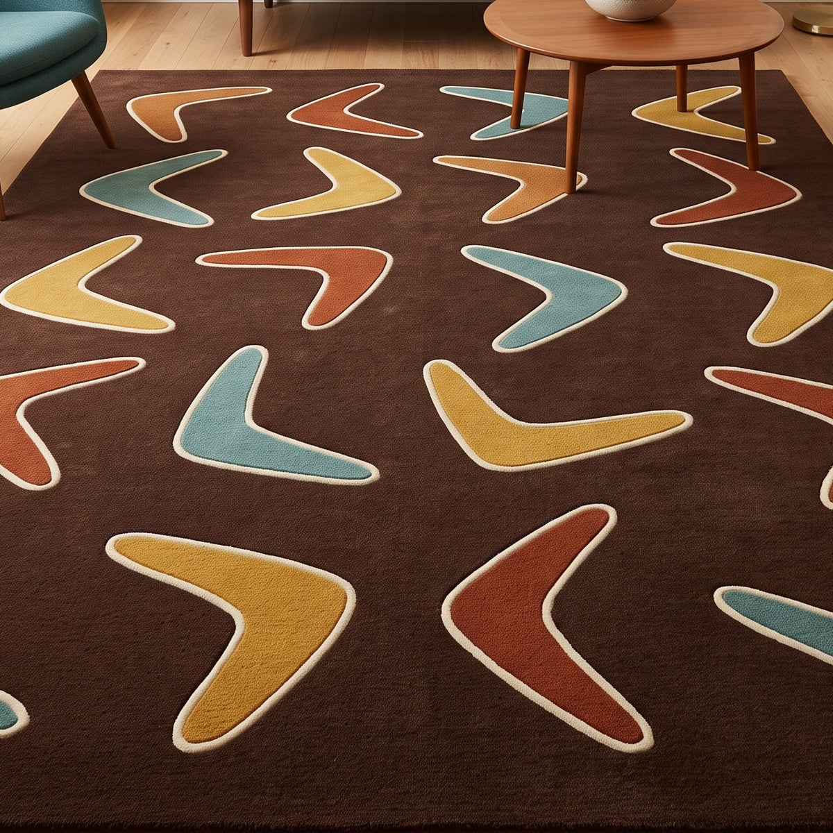 Boomerang Rug in chocolate brown with scattered teal, mustard, rust and caramel shapes outlined in cream