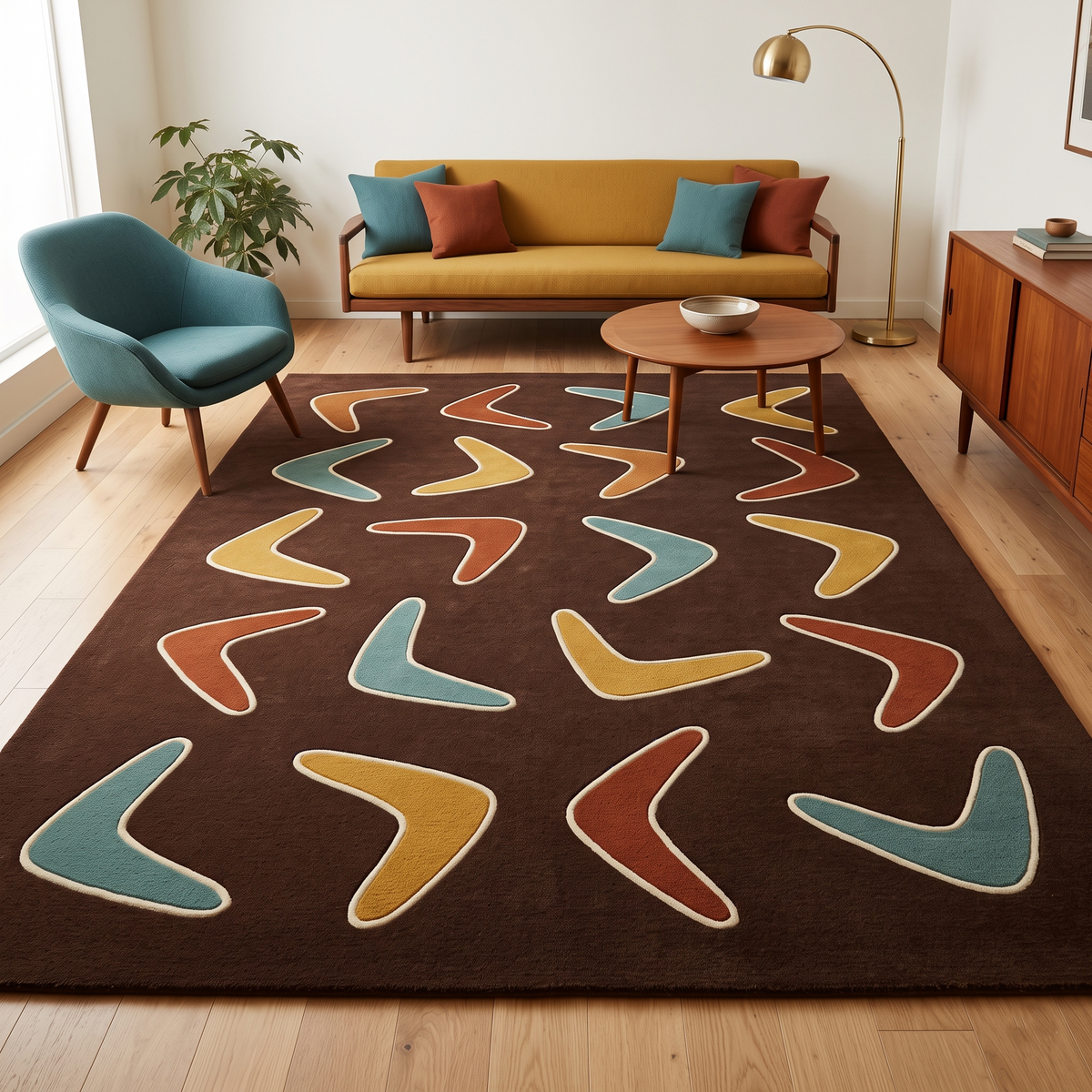 Boomerang Rug in chocolate brown with scattered teal, mustard, rust and caramel shapes edged in cream