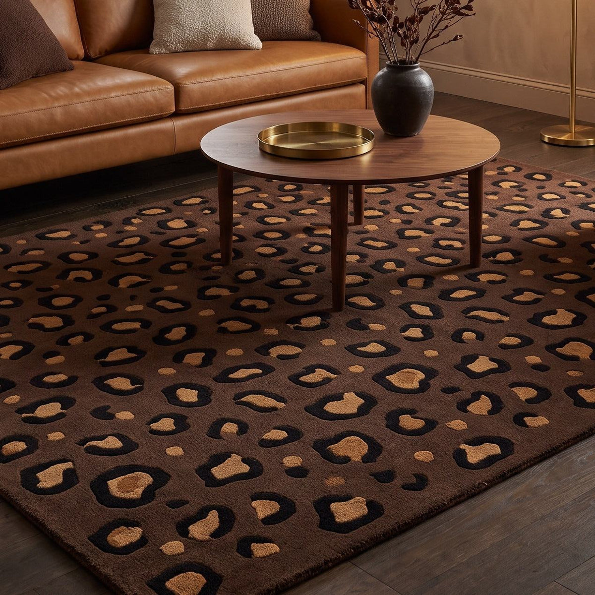 Brown Leopard Rug with a dark chocolate brown surface, black rosettes and tan centres in a raised animal-print pattern