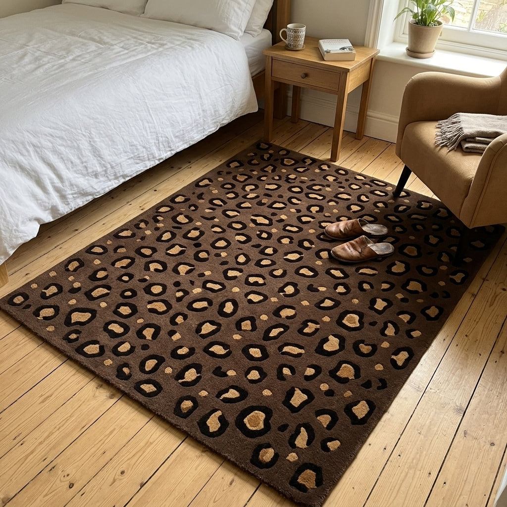 Brown Leopard Rug in dark chocolate brown with black and tan rosette spots, featuring a plush textured pile.