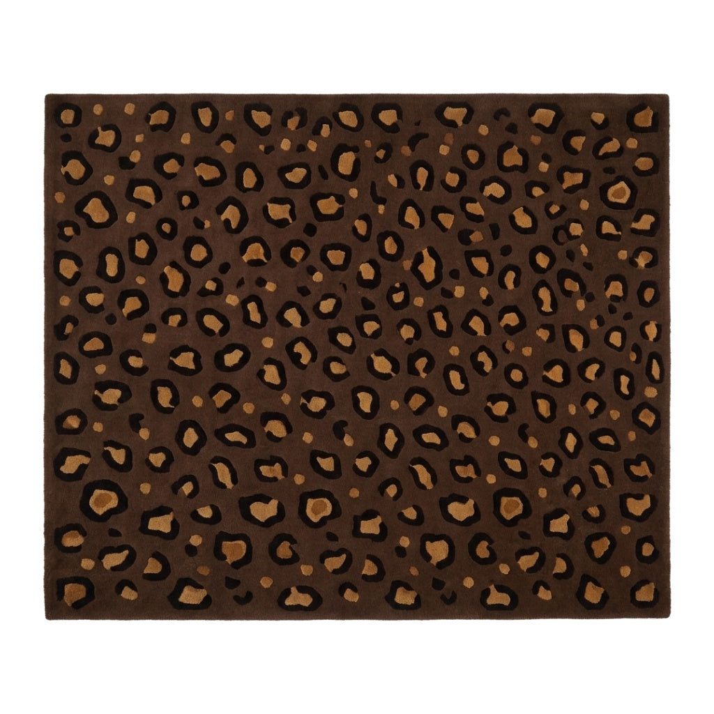 Brown Leopard Rug with a chocolate brown wool surface, scattered black rosettes and warm tan centres in an animal print pattern