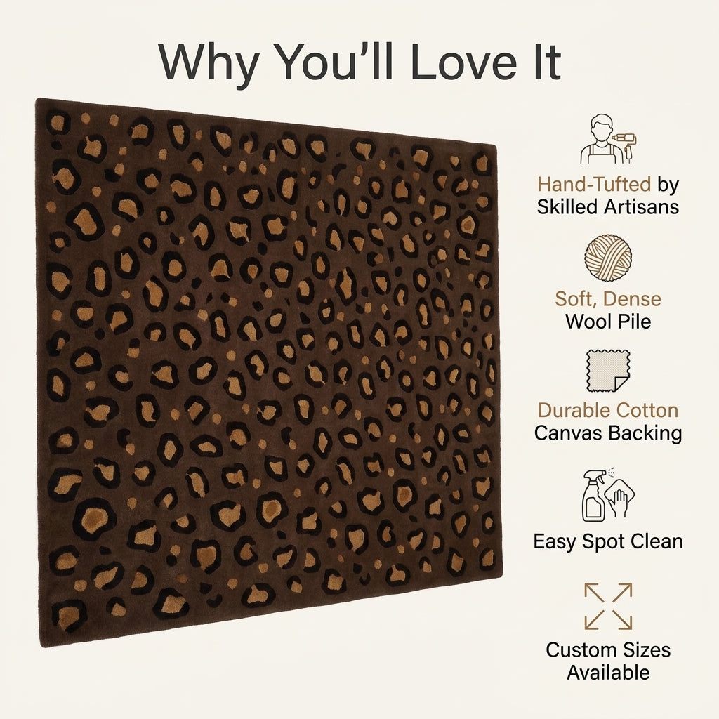 Brown Leopard Rug in chocolate brown with tan and black irregular spots, a dense wool pile and sculpted texture