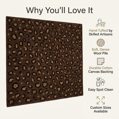 Brown Leopard Rug in chocolate brown with tan and black irregular spots, a dense wool pile and sculpted texture
