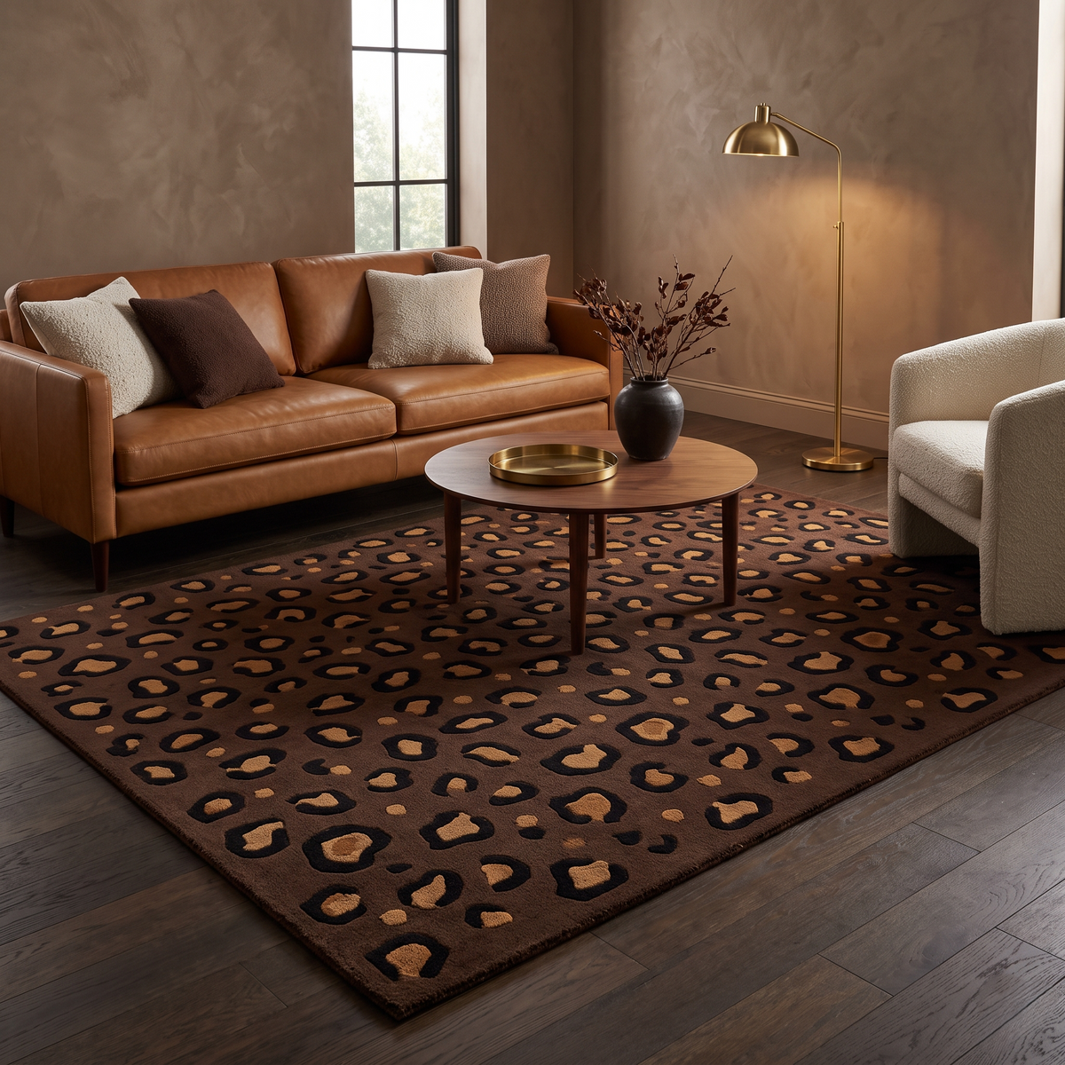 Brown Leopard Rug in chocolate brown with black and tan animal print spots, finished with a plush textured pile.