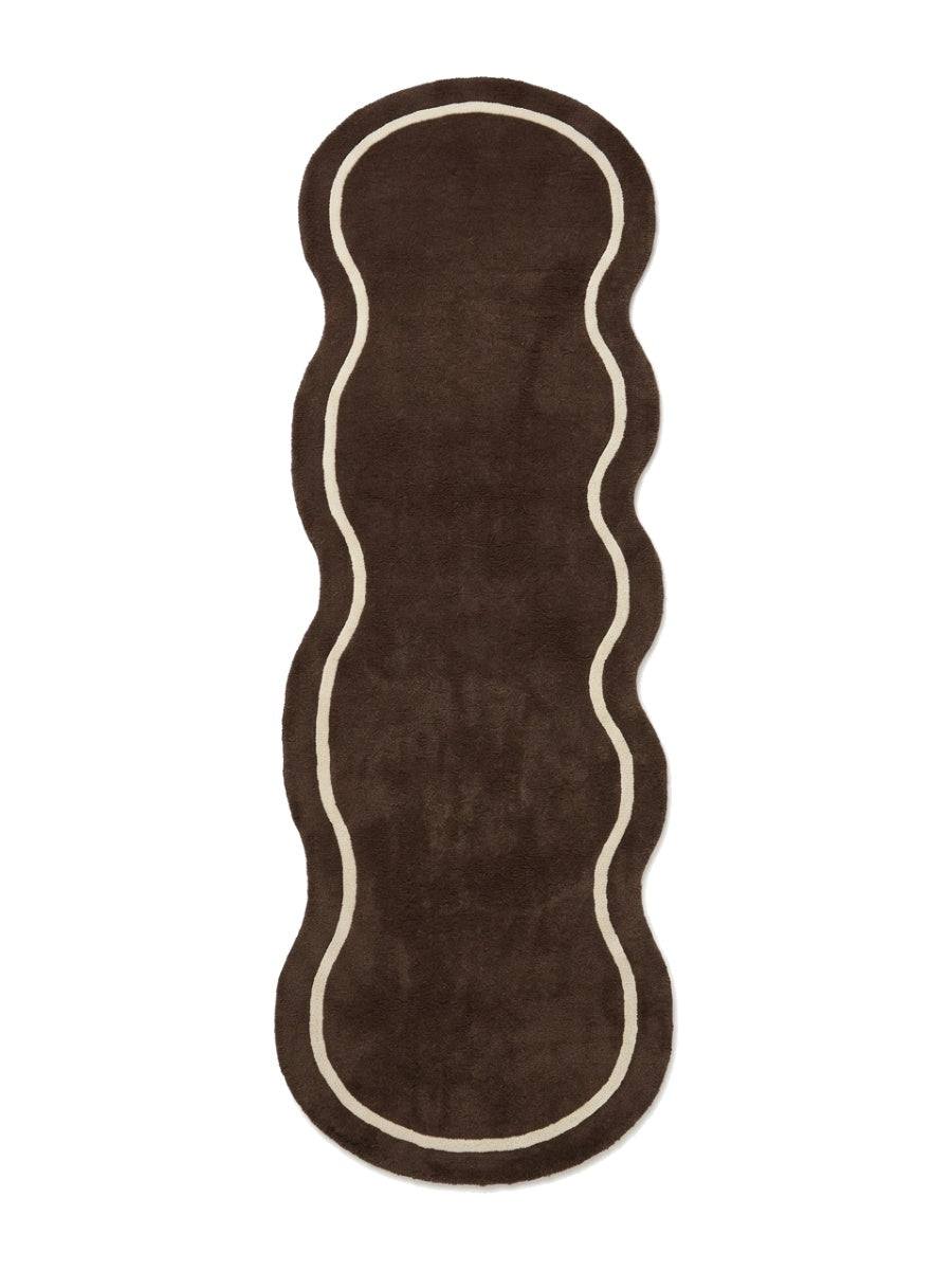 Brown Wavy Runner Rug with a dark chocolate brown textured pile, flowing organic shape and ivory curved border line