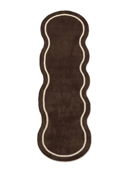 Brown Wavy Runner Rug with a dark chocolate brown textured pile, flowing organic shape and ivory curved border line