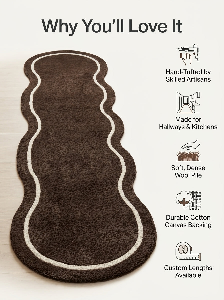 Brown Wavy Runner Rug with a chocolate brown wool pile, flowing organic outline, and ivory contour line