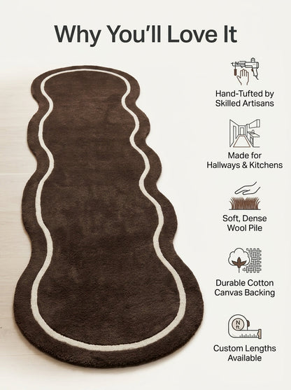 Brown Wavy Runner Rug with a chocolate brown wool pile, flowing organic outline, and ivory contour line