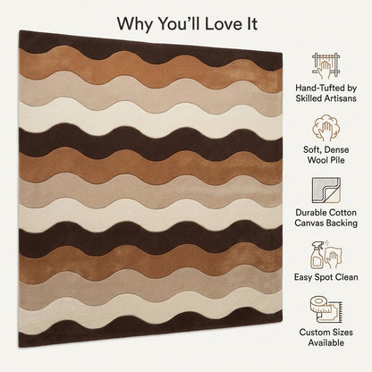 Brown Wavy Stripe Rug with repeating chocolate, caramel, beige and cream bands and a dark brown border