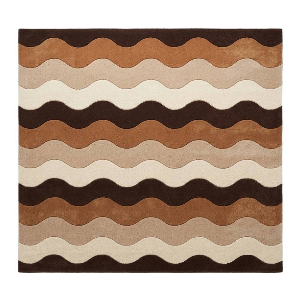 Brown Wavy Stripe Rug in cream, beige, caramel and dark brown wool, with repeating sculpted waves and a dark border