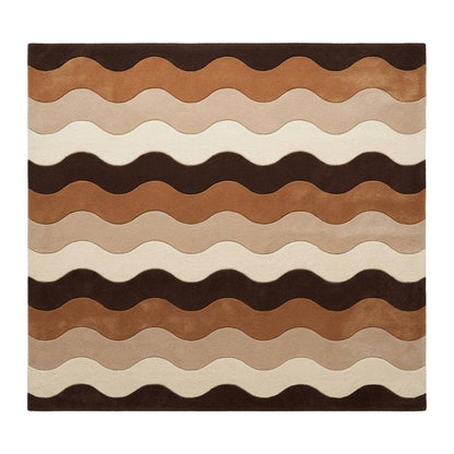 Brown Wavy Stripe Rug in cream, beige, caramel and dark brown wool, with repeating sculpted waves and a dark border