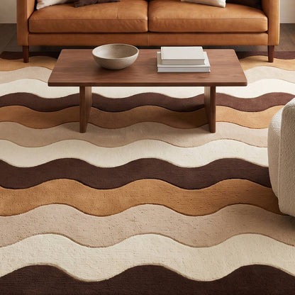 Brown Wavy Stripe Rug in plush cream, beige, caramel and chocolate brown bands with a sculpted wavy pattern