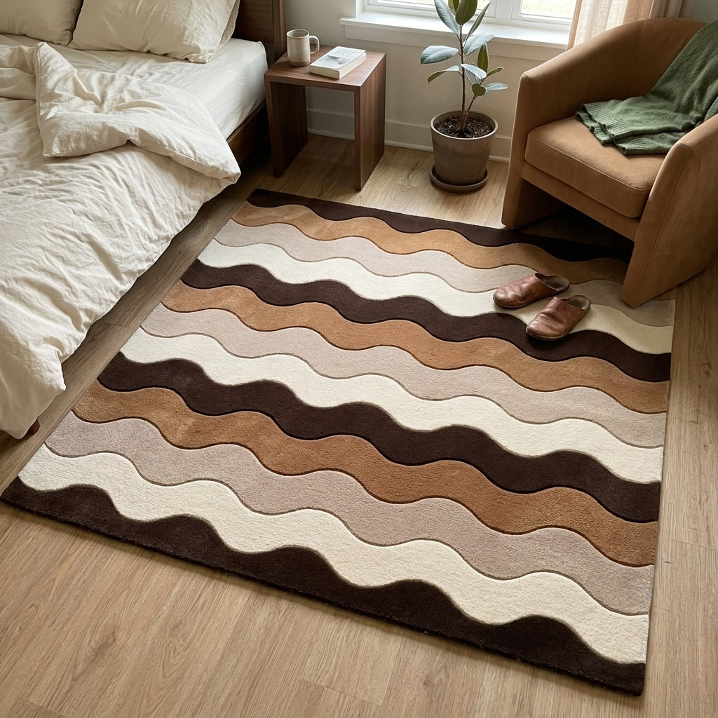 Brown Wavy Stripe Rug with sculpted bands of chocolate brown, caramel, beige and cream, finished with a deep brown border