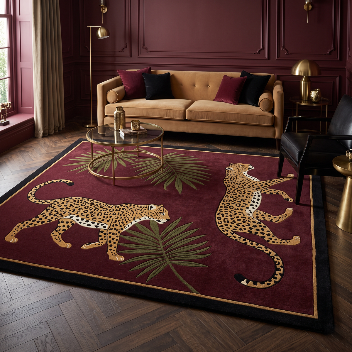 Burgundy Leopard Rug in plush wool with two spotted leopards, olive palm fronds, and a gold line framed by a black border