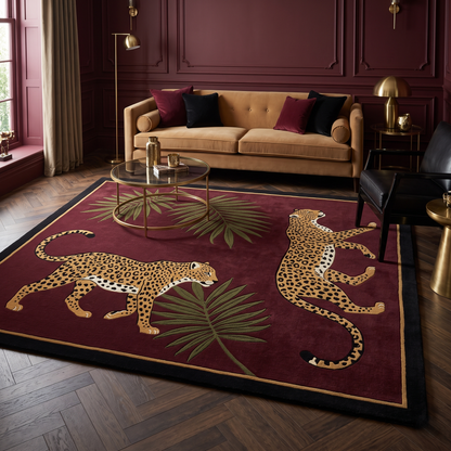 Burgundy Leopard Rug in plush wool with two spotted leopards, olive palm fronds, and a gold line framed by a black border