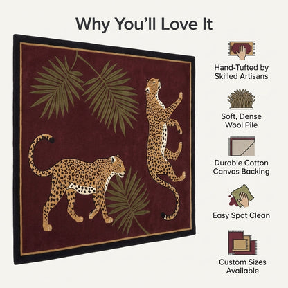 Burgundy Leopard Rug with a deep wine-red ground, tan spotted leopards, olive palm fronds and gold-trimmed black border