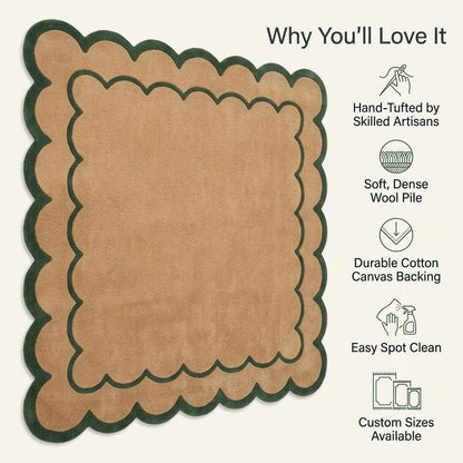 Camel & Forest Green Scalloped Hand-Tufted Wool Rug with a camel wool field, forest green borders, and a scalloped edge.