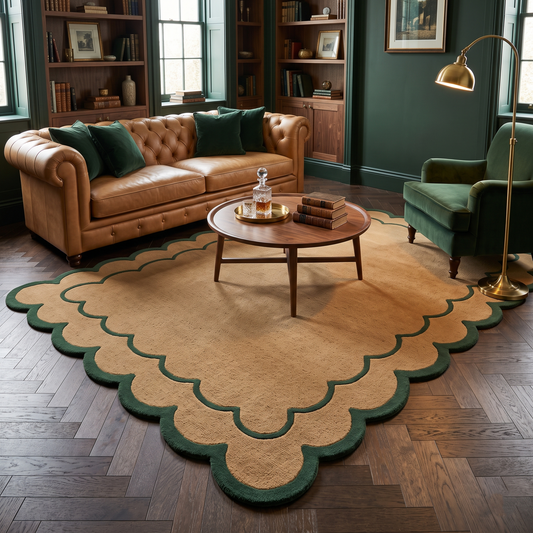 Camel & Forest Green Scalloped Hand-Tufted Wool Rug with a camel field, fine green outline and deep scalloped edge