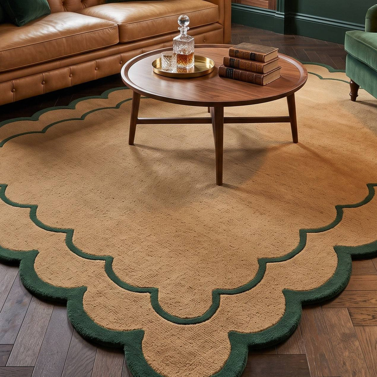Camel & Forest Green Scalloped Hand-Tufted Wool Rug with a warm tan field, fine green outline and plush scalloped edge.