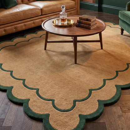 Camel & Forest Green Scalloped Hand-Tufted Wool Rug with a warm tan field, fine green outline and plush scalloped edge.