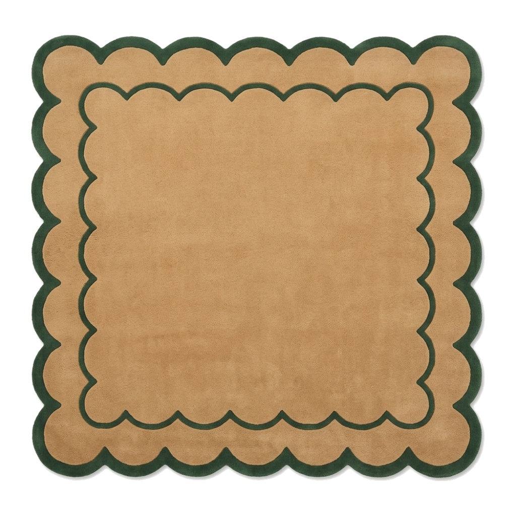 Camel & Forest Green Scalloped Hand-Tufted Wool Rug, plush camel wool with fine green scalloped lines and a deep green scalloped border.