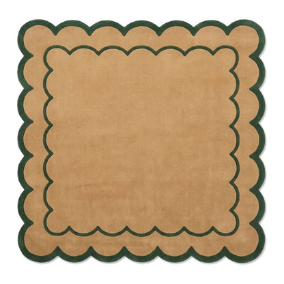 Camel & Forest Green Scalloped Hand-Tufted Wool Rug, plush camel wool with fine green scalloped lines and a deep green scalloped border.