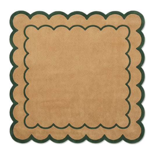 Camel & Forest Green Scalloped Hand-Tufted Wool Rug, plush camel wool with fine green scalloped lines and a deep green scalloped border.