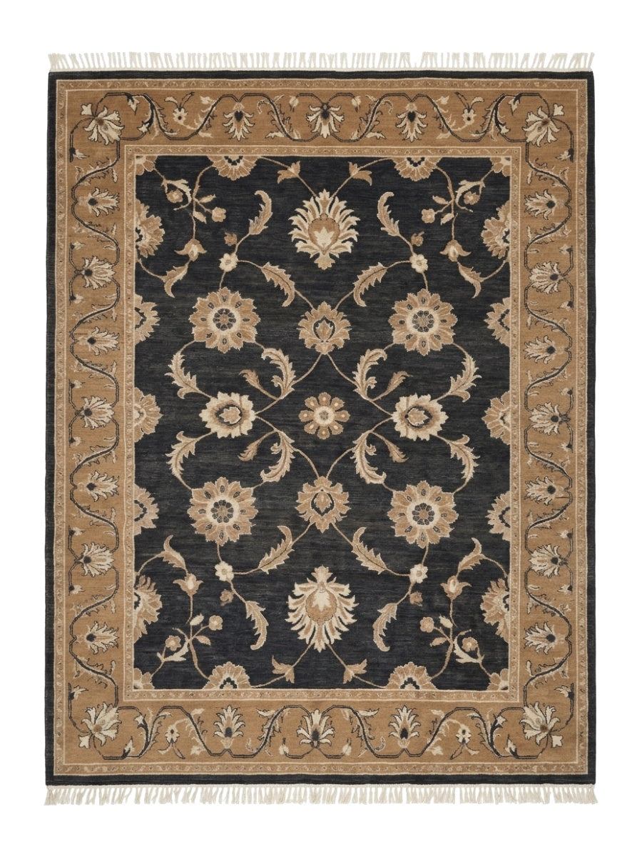 Charcoal Oushak Rug in wool with an ivory and camel floral palmette pattern, wide camel border and fringe