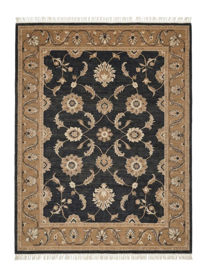 Charcoal Oushak Rug in wool with an ivory and camel floral palmette pattern, wide camel border and fringe