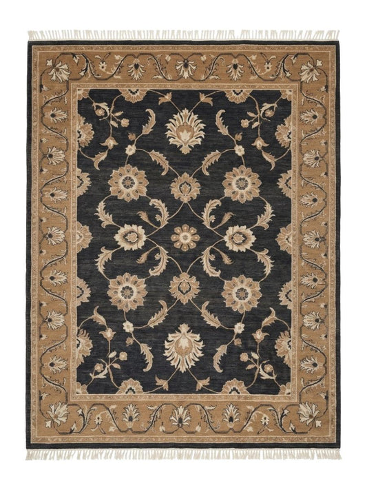 Charcoal Oushak Rug in wool with an ivory and camel floral palmette pattern, wide camel border and fringe