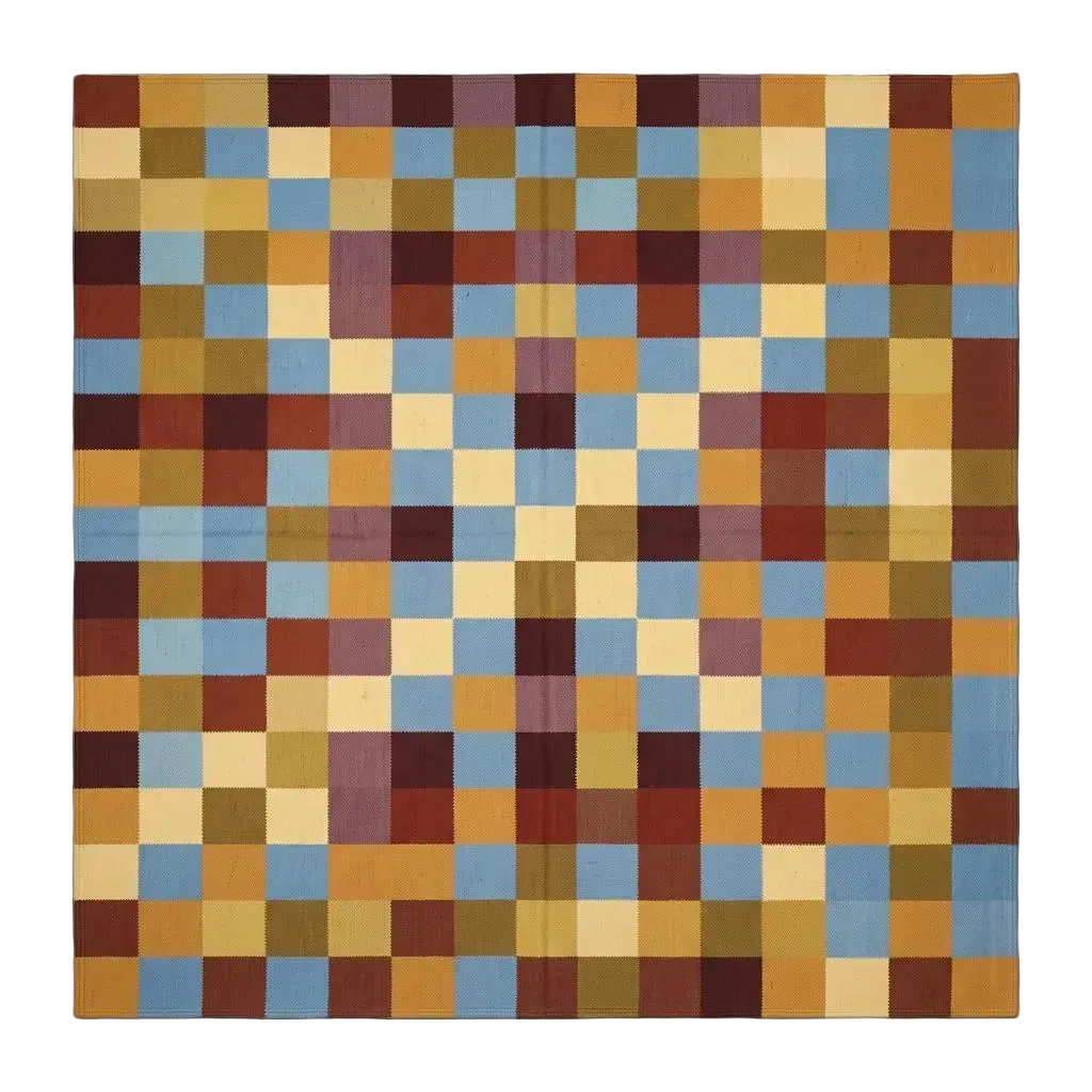 Checkerboard Cotton Dhurrie Rug, Mustard Blue Burgundy Handwoven Flatweave Living Room