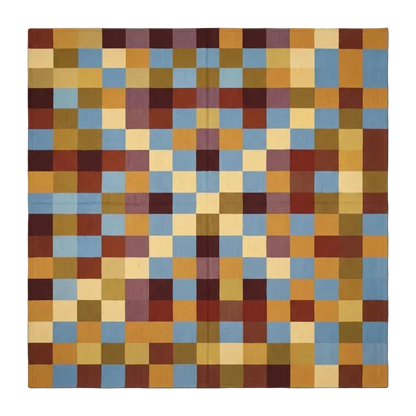 Checkerboard Cotton Dhurrie Rug, Mustard Blue Burgundy Handwoven Flatweave Living Room