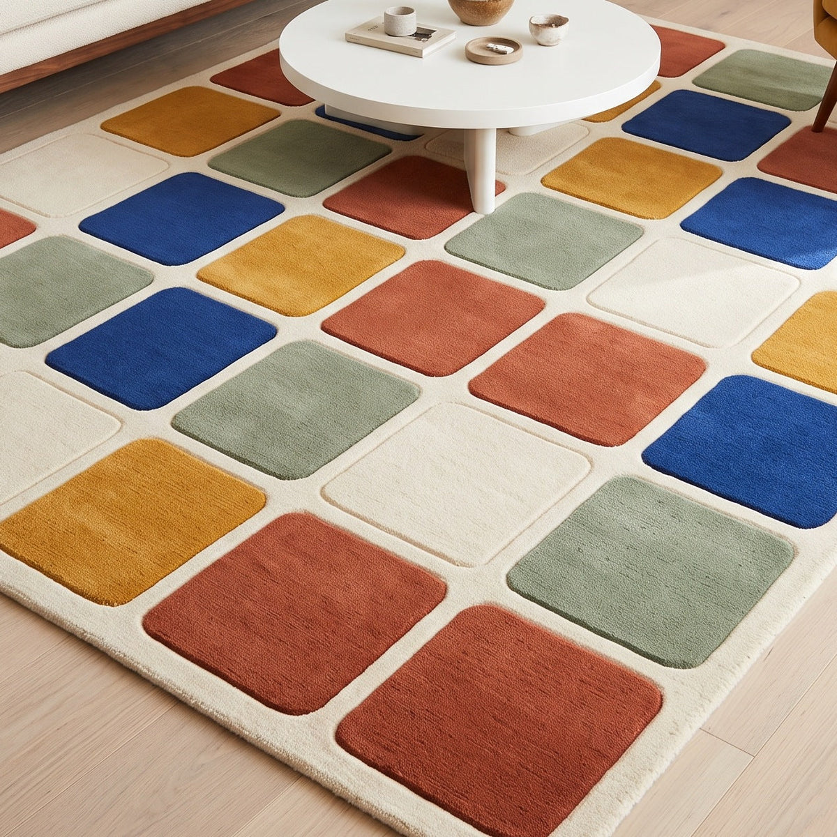 Checkered Rug with a cream wool ground and raised rounded squares in rust, cobalt blue, mustard yellow and sage green