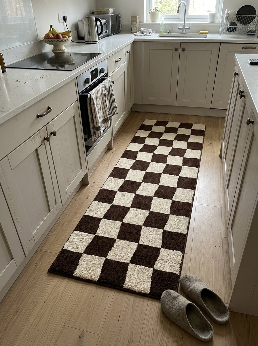 Checkered Runner Rug with plush wool pile in chocolate brown and ivory, featuring a hand-drawn wavy checkerboard pattern