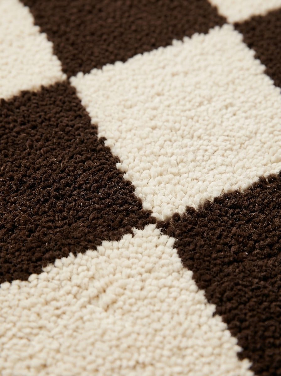 Checkered Runner Rug in plush brown and ivory wool, featuring a hand-tufted checkerboard pattern with softly irregular edges