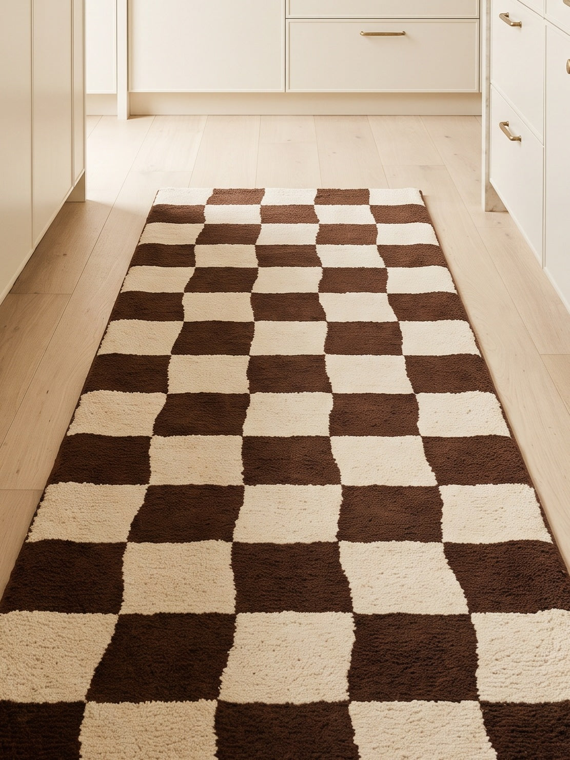 Checkered Runner Rug in chocolate brown and ivory wool, featuring a plush checkerboard pattern with softly wavy lines