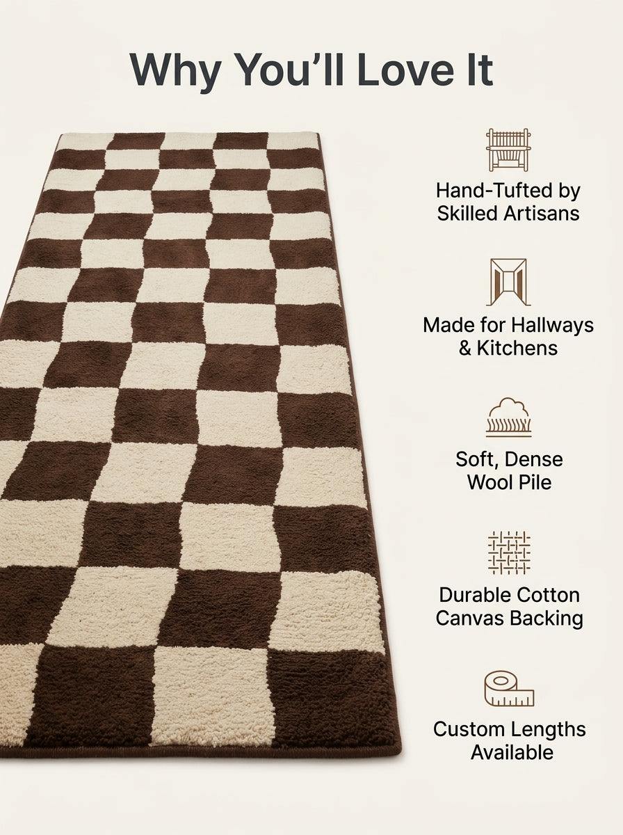 Checkered Runner Rug in brown and ivory wool, featuring a plush pile and hand-drawn checkerboard pattern
