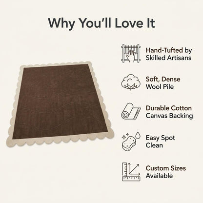 Chocolate Brown Wave wool rug with a deep brown field, subtle carved curves, and a cream scalloped border.