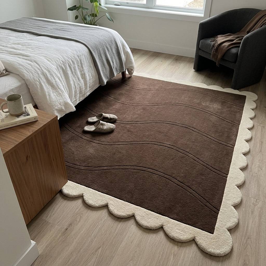 Chocolate Brown Wave wool rug with a plush brown field, carved flowing lines and a cream scalloped border.