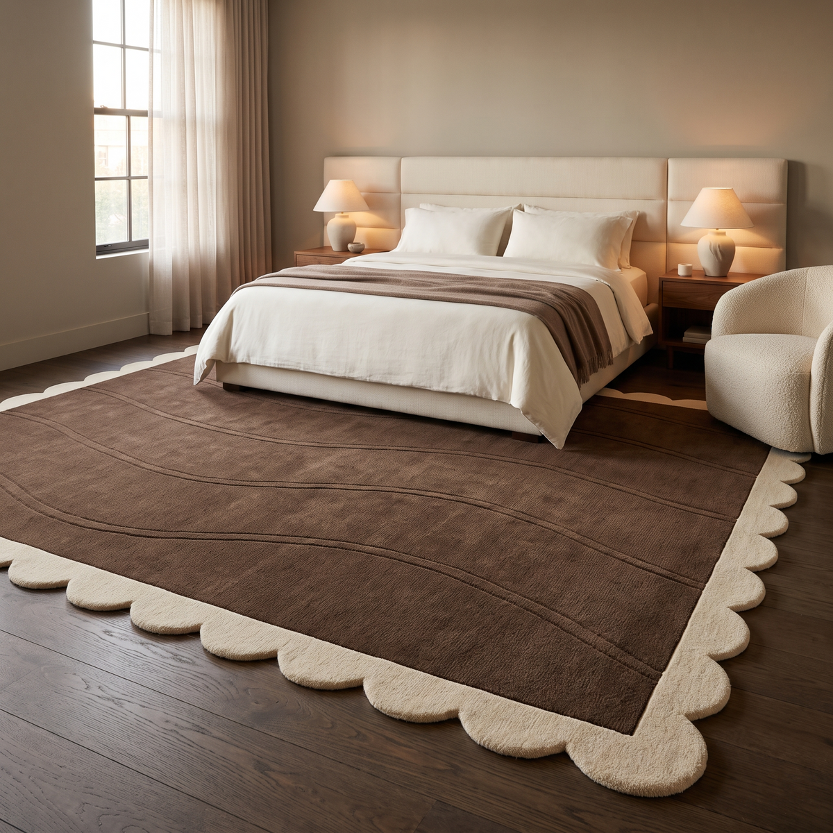 Chocolate Brown Wave wool rug in deep brown with carved flowing lines and a cream scalloped border