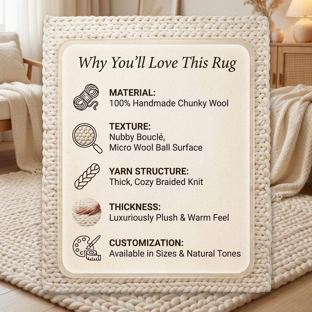 Handwoven chunky knit wool rug with thick yarn in neutral tones for cozy boho home décor