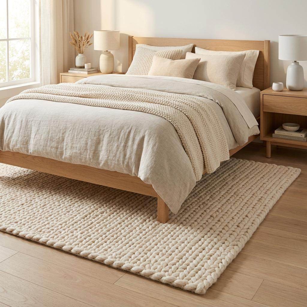 Chunky knit wool rug with thick handwoven yarn in a neutral boho style for cozy home decor