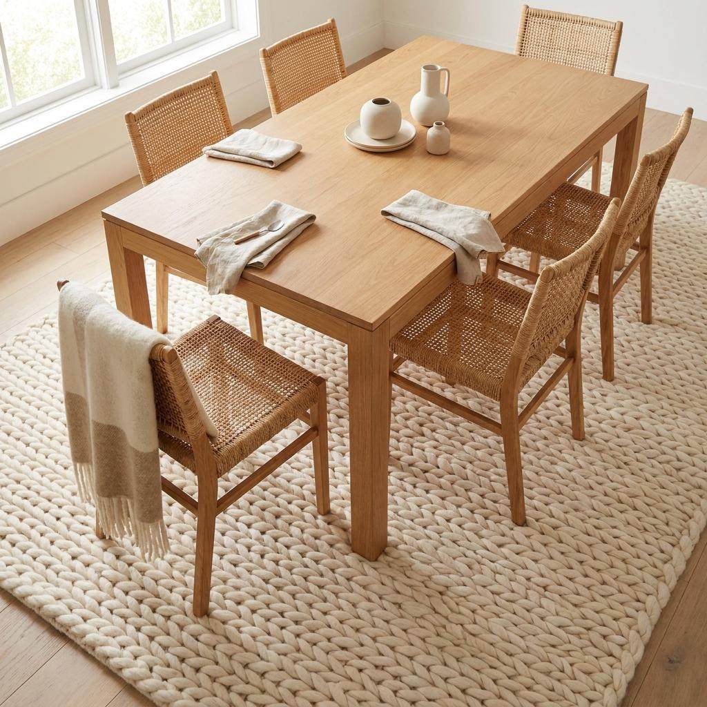 Chunky knit wool rug handwoven with thick yarn in neutral boho style for cozy hygge home decor