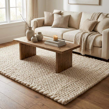 Chunky knit wool rug with thick handwoven yarn in neutral boho style for cozy home decor