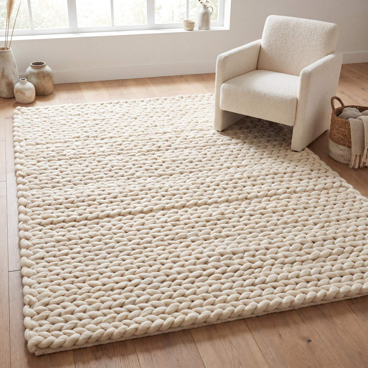 Chunky knit wool rug handwoven neutral boho thick yarn carpet cozy home decor