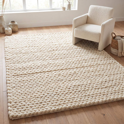 Chunky knit wool rug handwoven neutral boho thick yarn carpet cozy home decor