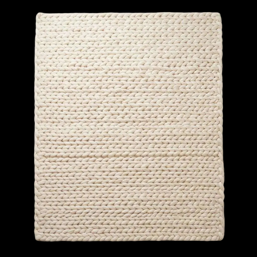 Chunky knit wool rug with thick handwoven yarn in neutral boho style for cozy home decor