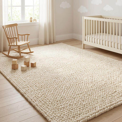 Chunky knit wool rug with thick handwoven yarn in neutral boho style for cozy home decor